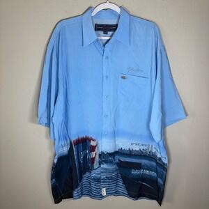 Vintage Phat Farm NYC Skyline Twin Towers Blue Button Down Shirt Men XL PSH11646
